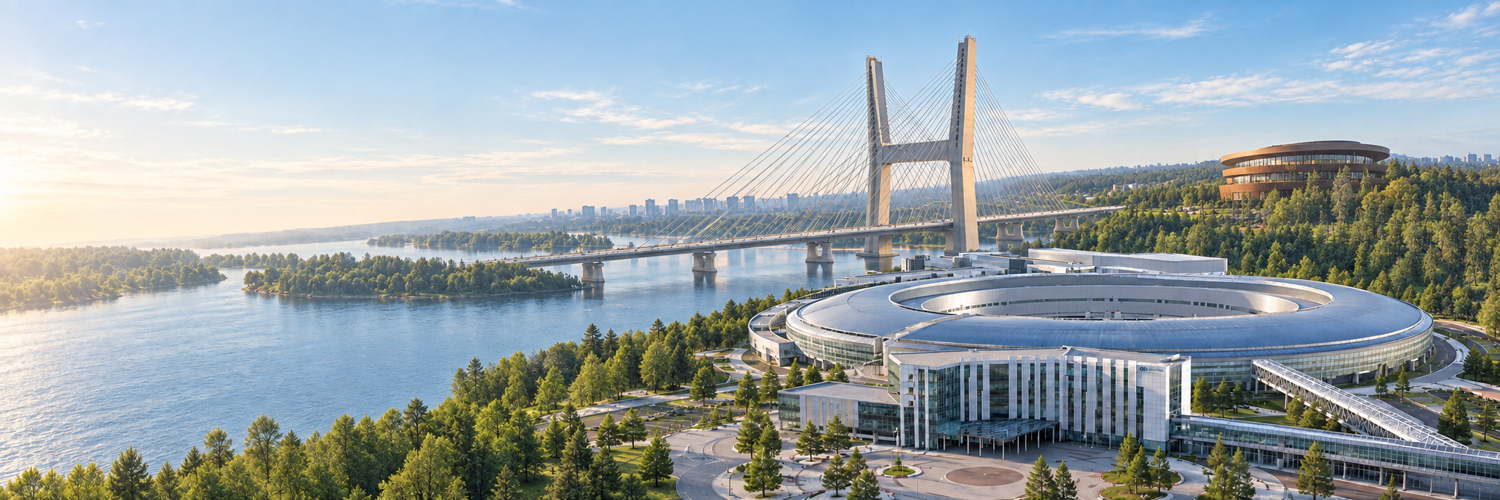Летняя панорама реализованных проектов: мост, научный комплекс СКИФ и курорт Манжерок